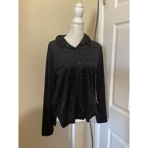 Another Love Tops - Another Love Faux Suede Black Long Sleeve Snap Button Top S